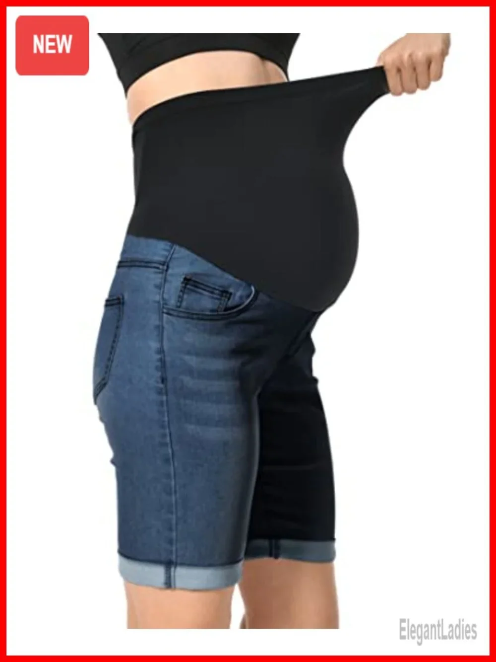Maternity Denim Bermuda Shorts High Rise Rolled Cuff